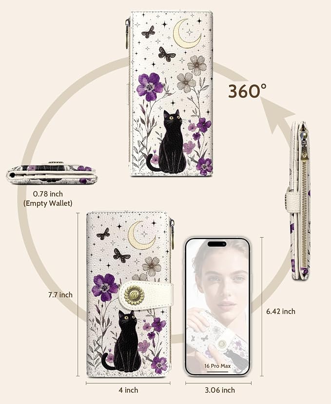 GIANCOMICS Black Cat Womens Wallet RFID Blocking, Credit Card Holder Bifold | Billfold, Cute Cash Purse, Travel Zipper Coin Pocket, Compact Clutch, PU Leather, ID Window, 11 Card Slots, Ladies Gift Woman - Image 5