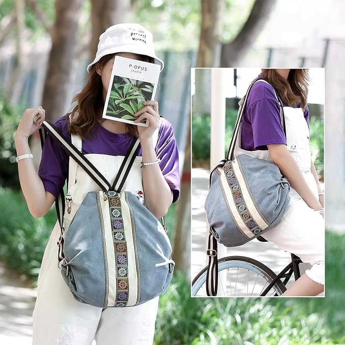 Goodhan Women Canvas Backpack Daypack Casual Shoulder Bag, Vintage Heavy-duty Anti-theft Travel Backpack (Blue Grey) - Image 6
