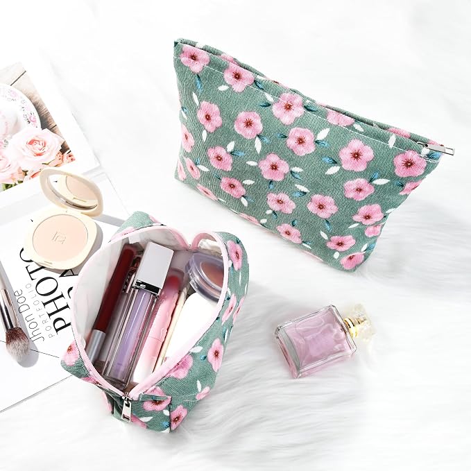 SOIDRAM 2 Pieces Sakura Makeup Bag Large Cosmetic Bag Capacity Canvas Mix Travel Toiletry Bag Organizer Cute Makeup Brushes Aesthetic Accessories Storage Bag for Women, Sakura Mix Green - Image 4