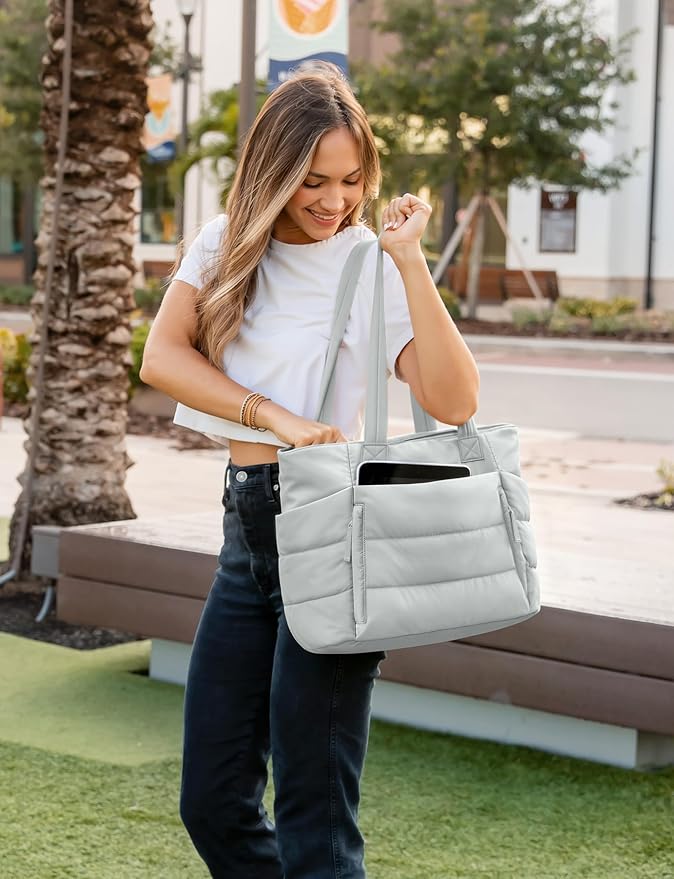 Uselike Tote Bag for Women with Zipper, Quilted Puffer Tote Bag with Compartments, Lightweight Puffy Work Bags for Women - Image 2