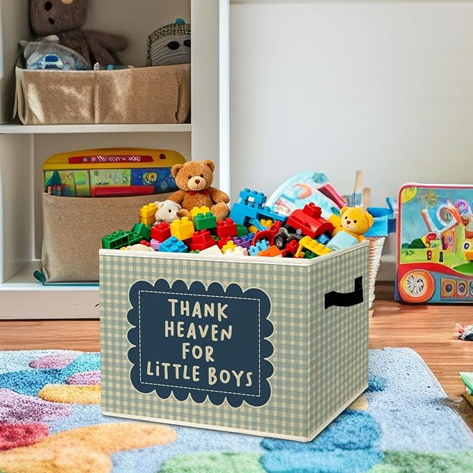 Rustic Thank Heaven for Little Boys Storage Bins Boxes with Handles | toys books clothes,blue checkered nursery foldable basket for organizing bedroom toddler room playroom - Image 2