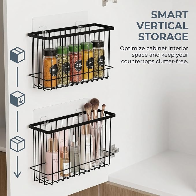 2 Pack Adhesive Cabinet Door Organizer, No Drilling Required, Hanging Storage Basket Organizer Wall Mounted Pantry, for Kitchen, Fridge, Bathroom (Black) - Image 6