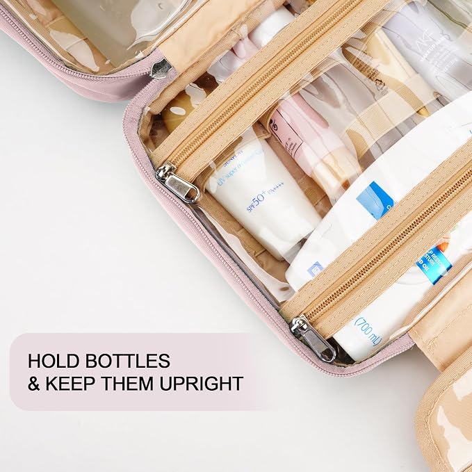 Travel Hanging Toiletry Bag for Women and Men, with 8 Leak Proofing Silicone Bottle Covers, Waterproof Makeup Accessories, Cosmetic Essentials, Cruise Ship Toiletries Bag with Jewelry Organizer, Pink - Image 6