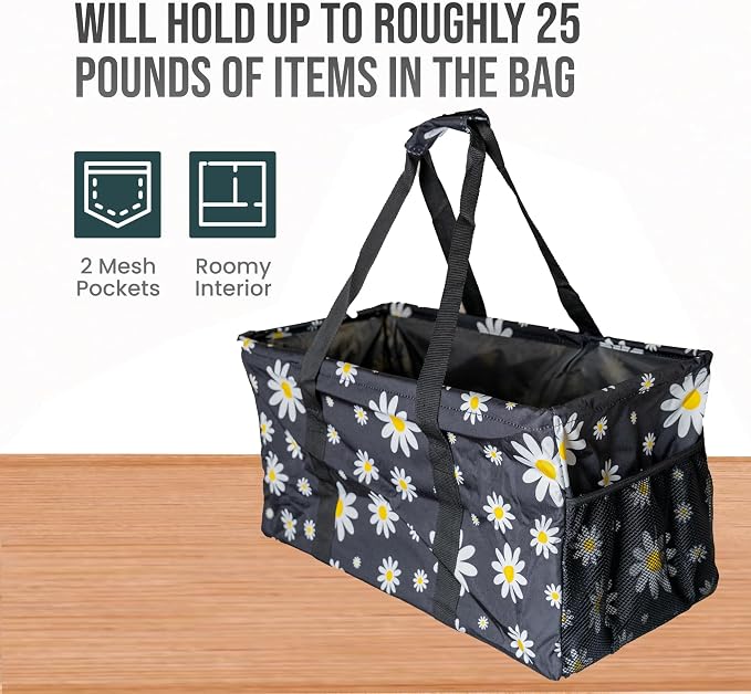 Extra Large Utility Tote Bag - Oversized Collapsible Reusable Wire Frame Rectangular Canvas Basket With Two Exterior Pockets For Beach, Pool, Laundry, Car Trunk, Storage - Black Daisy - Image 5