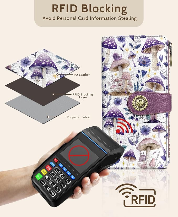 GIANCOMICS Mushroom Womens Wallet RFID Blocking, Credit Card Holder Bifold | Billfold, Cute Cash Purse, Travel Zipper Coin Pocket, Compact Clutch, PU Leather, ID Window, 11 Card Slots, Ladies Gift Woman - Image 4