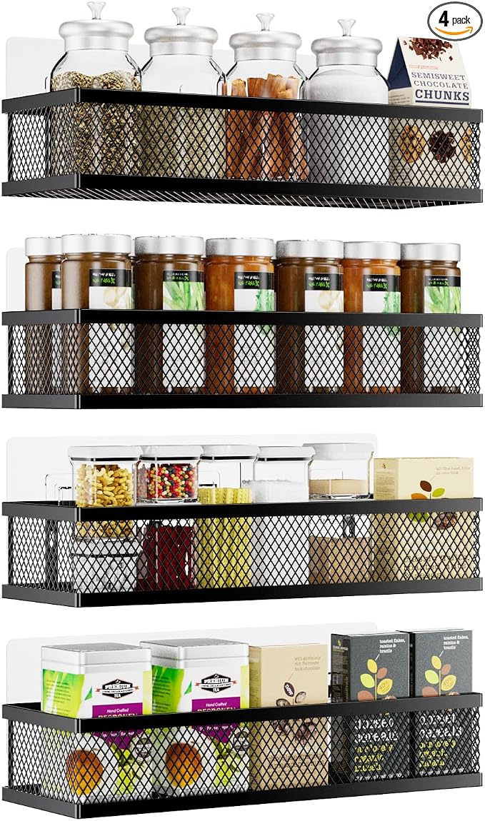Spice Rack Wall Mount, 4 Pack Pantry Door Organizer & Hanging Storage Baskets Organizer Wall Mount, Large Capacity Metal Spice Shelf for Kitchen Cabinet, Pantry Doors, Bathroom, Shower, Home Decor by Umomi