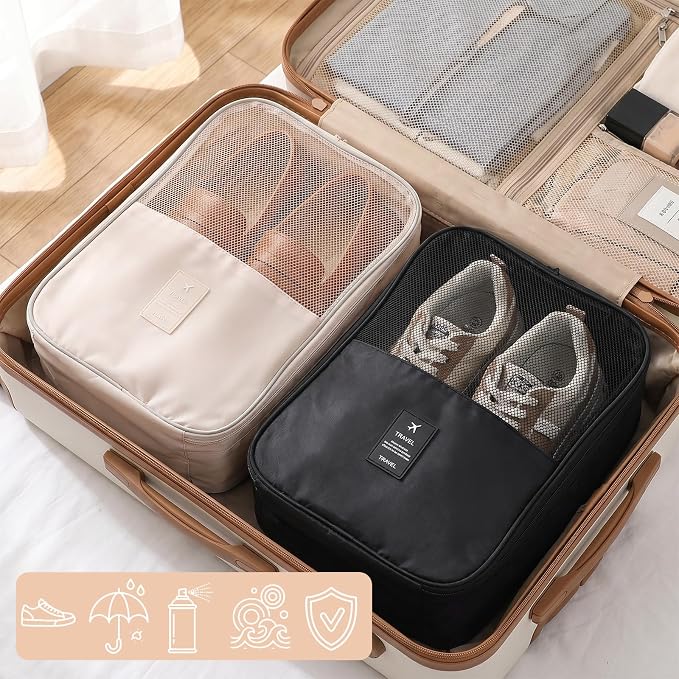 4 Pack Shoe Bags for Travel Holds 2 Pairs Each, Portable Travel Shoe Bag Organizer for Luggage, Durable Oxford Cloth Storage for Women Men (2 Black 2 Beige) - Image 5