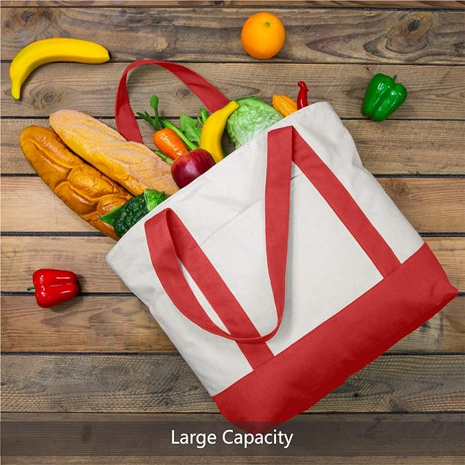 TOPDesign 6-Pack Canvas Tote Bags with an External Pocket, Reusable Grocery Shopping Bags, Top Zipper Closure, Daily Essentials (Red/Natural) - Image 4