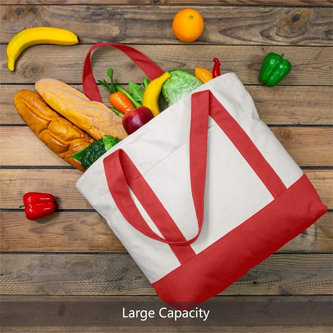 TOPDesign 3-Pack Canvas Tote Bags with an External Pocket, Reusable Grocery Shopping Bags, Top Zipper Closure, Daily Essentials (Red/Natural) - Image 4