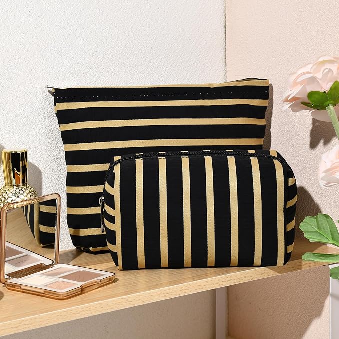SOIDRAM 2 Pieces Makeup Bag Large Stripe Cosmetic Bag Capacity Canvas Mix Travel Toiletry Bag Organizer Cute Makeup Brushes Aesthetic Accessories Storage Bag for Women, Stripe Mix Black - Image 6