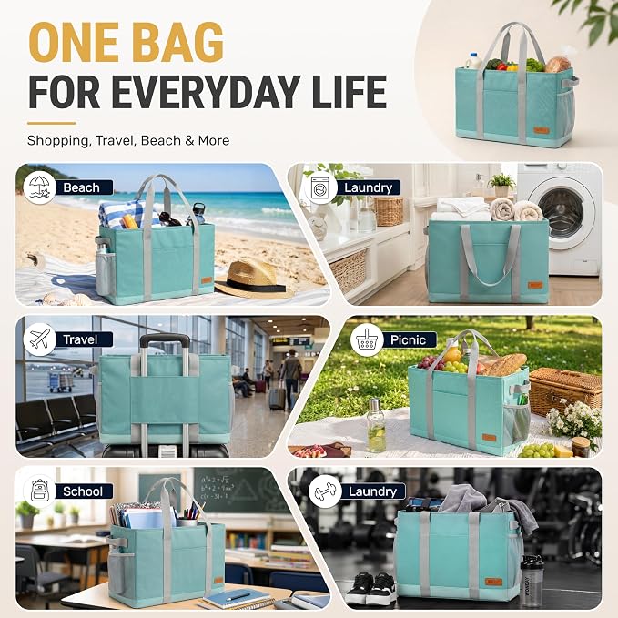 WONDAY X-Large Utility Tote Bag, Standing Reusable Grocery Bag | 22x11x13.5in, 50L capacity, holds 100lbs, collapsible, fabric with leather bottom, for beach travel storage - Image 9