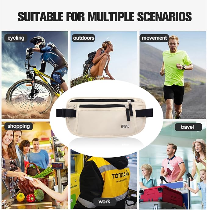 Unisex Money Belt For Men and Women, Slim Passport Holder RFID Blocking Travel Essentials Bags with Adjustable Strap Small Waist Pouch for Workout Running Travelling Hiking, Cream White - Image 7