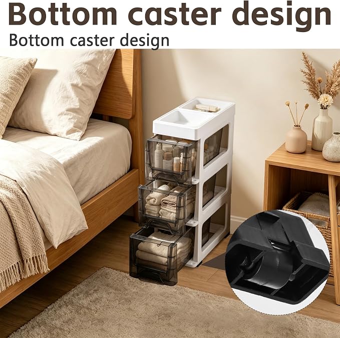 3 Drawer Storage Organizer, Narrow Slim Plastic Storage Drawer Cart with 4 Wheels, 3 Tier Space Saving Storage Tower Box, Narrow Storage Cart for Small Space Bedroom Bathroom Kitchen Pantry Office - Image 5