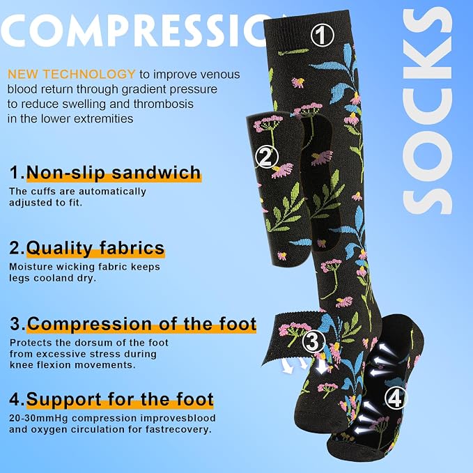 cerpite Compression Socks for Women & Men 6 Pairs Knee High Compression Socks 20-30 mmhg Best for Running,Nurse,Travel - Image 3