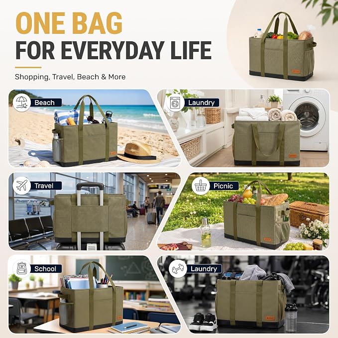 WONDAY X-Large Utility Tote Bag, Standing Reusable Grocery Bag | 22x11x13.5in, 50L capacity, holds 100lbs, collapsible, fabric with leather bottom, for beach travel storage - Image 9