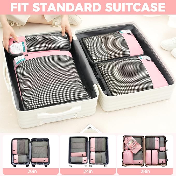 BAGAIL 4/6 Set/8 Set Compression Packing Cubes Travel Accessories Expandable Packing Organizers(HalfMesh, 8-Pink) - Image 8