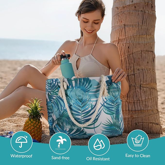 Clothirily Beach Bag for Women, Large Beach Tote Bag Waterproof with Zipper | Large Capacity Swim Pool Bag, Inner Pockets, Sandproof Foldable Beach Tote for Travel Essentials - Image 6
