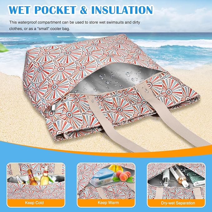 HUANLANG Large Beach Bags for Women Pool Bag with Zipper, Waterproof Sandproof Beach Tote Travel Bag with Wet Pocket - Image 6