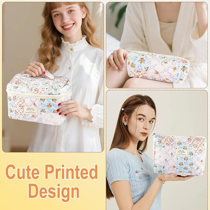 URSKYTOUS 3Pcs Cotton Quilted Makeup Bag for Women Girls Large Small Travel Floral Cosmetic Bags Set Cute Coquette Makeup Pouch for Purse Aesthetic Cloth Bee&Flower Storage Toiletry Bag Organizer - Image 7