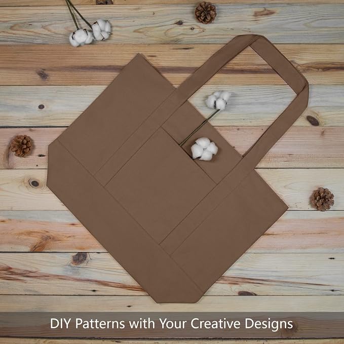 TOPDesign 6-Pack Canvas Tote Bags with an External Pocket, Reusable Grocery Shopping Bags, Top Zipper Closure, Daily Essentials (Brown) - Image 2