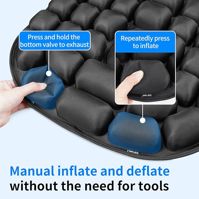 Inflatable Wheelchair Cushion with Built-in Pump, Adjustable Air Pad | Lycra + TPU cover, non-slip, breathable surface, black color, 17.7x15.7 inch size, for wheelchair, office chair and car - Image 3