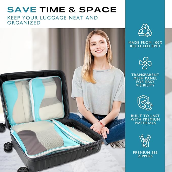 Compression Packing Cubes for Travel, Packing Cubes for Carry on Suitcases, Large Luggage Organizers 4-Pack, Travel Accessories Set for women, Tropical Teal - Image 3