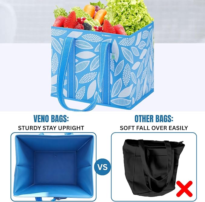 VENO 3 Pack Heavy Duty Reusable Grocery Shopping Bags Utility Tote | Water Resistant, Storage Box with Sturdy Handles & Hard Bottom, Foldable for Groceries Shopping Cart(Spring Breeze, 6 Gallon) - Image 7