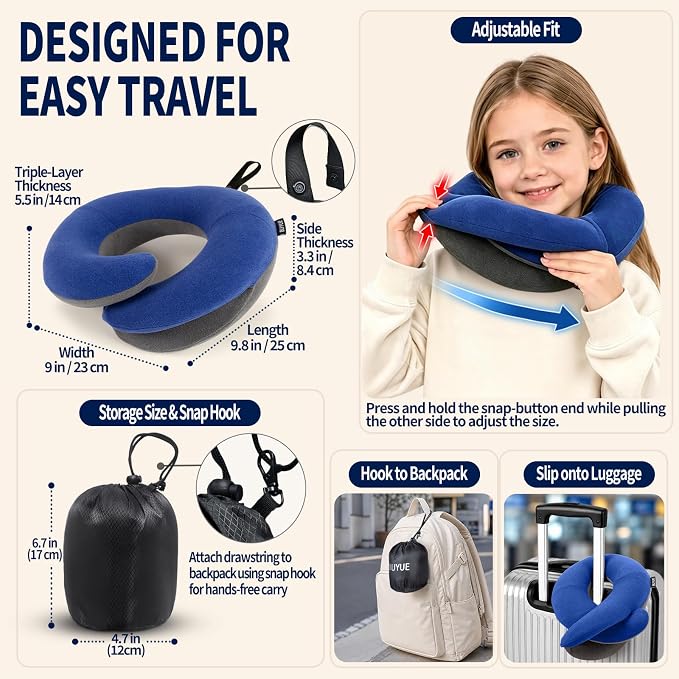 Kids Travel Pillows for Airplane, Memory Foam 360° Head Support Sleeping Essentials for Boys Long Flight, Skin-Friendly Soft Neck Pillow for Traveling in Car Seat, (Small, Blue Grey, 40-90 lbs) - Image 5