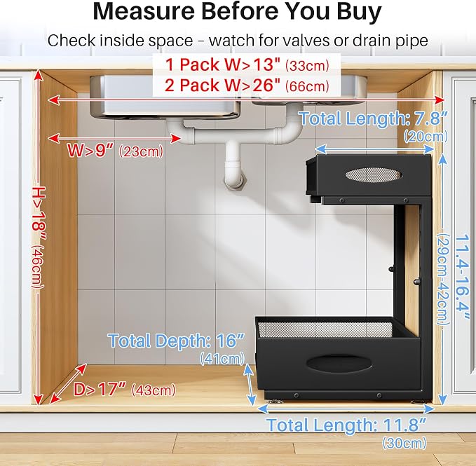 Under Sink Organizer, 2 Tier Pull Out Under Cabinet Organizer Shelf with Pad for Framed Cabinets, Metal Slide Out Under Sink Storage, Mesh Sliding Drawers for Kitchen Bathroom Laundry(Black, 1 Pack) - Image 2