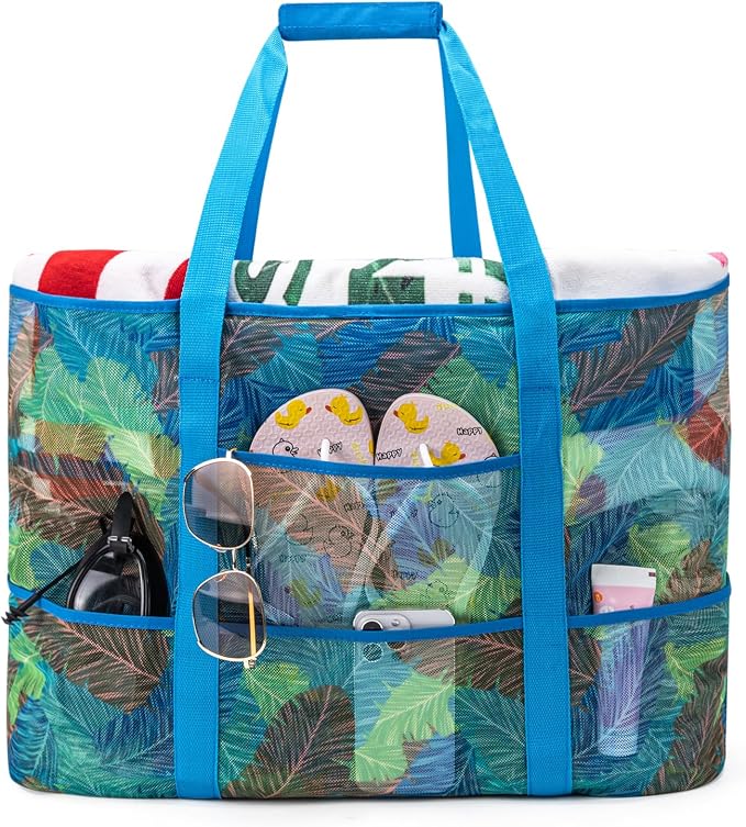 KABAQOO Mesh Beach Bag, Extra Large Beach Bags with 9 Pockets & Zipper Waterproof Lightweight Beach Tote for Beach/Pool Trip by KABAQOO
