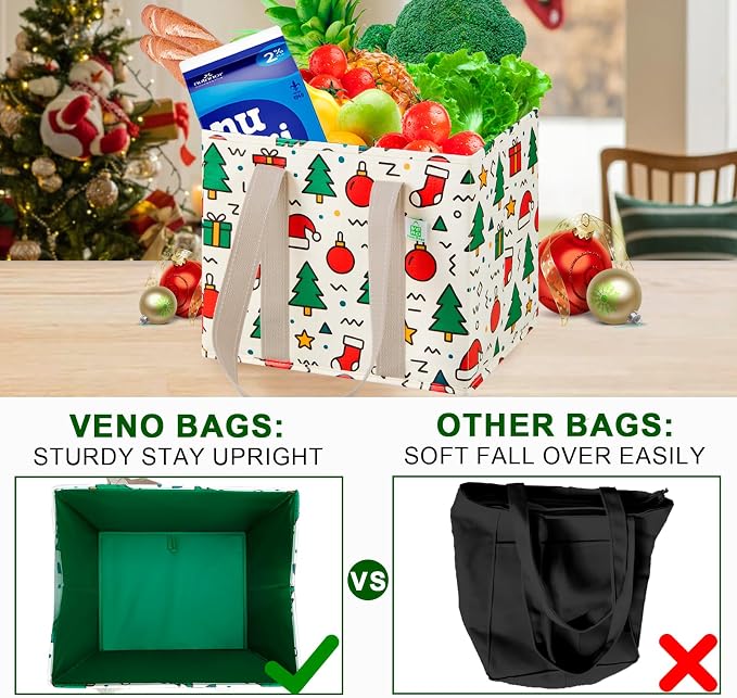 VENO 3 Pack Heavy Duty Reusable Grocery Shopping Bags Utility Tote | Water Resistant, Storage Box with Sturdy Handles & Hard Bottom, Foldable for Groceries Shopping Cart(Jingle Mix, 6 Gallon) - Image 8