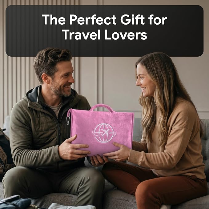2-in-1 Travel Blanket and Pillow – Lightweight, Compact, Ultra Soft, Machine Washable – Handle, Luggage Sleeve, Backpack Clip – for Trave Airplane, Car, Office (light pink) - Image 7
