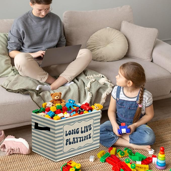 Rustic Playroom Storage Bins Boxes with Handles | toys books clothes, long live playtime blue striped nursery foldable basket for organizing bedroom toddler room playroom - Image 4