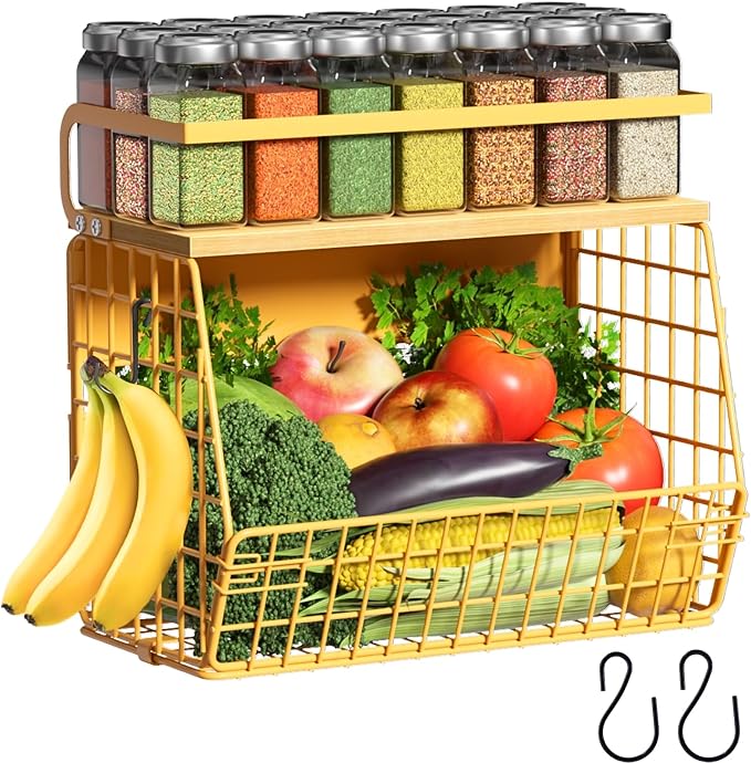 Magnetic Shelf for Fridge with Wood Lid, Fruit Potato and Onion Storage Bins, Pantry Organizers & Storage, Large Container Magnetic Spice Rack for Refrigerator, Kitchen Counter, Cabinet (Yellow, 1) by Ofiray-home