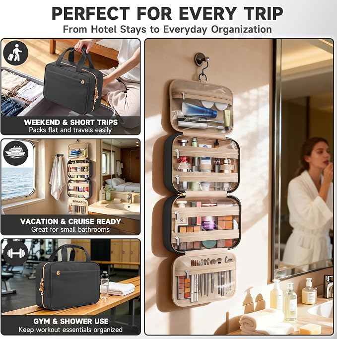 Travel Toiletry Bag for Women, Hanging Makeup Organizer Clear Pockets | Large Hanging Travel Organizer with Compartments, Front Pocket, Fits Full-Size Skincare, Makeup & Toiletries(Black, Large) - Image 6
