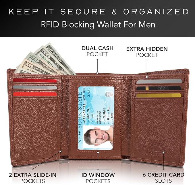 Stealth Mode Trifold Leather Wallet for Men with RFID Blocking | Brown Pebble Top Grain Napa Leather, 9 Card Slots, ID Window, Gift Box – Gift for Dad, Husband, or Son - Image 2