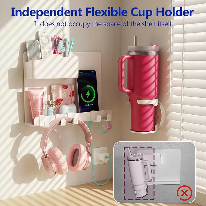 Bedside Wall Shelf for Teen Girls Dorm Room Essentials Bunk Bed Stuff | No Drill Floating Shelves with Cup Holder, Aesthetic Cute Girls Room Decor Aesthetic Stick Bedroom Accessories Organizer - Image 4