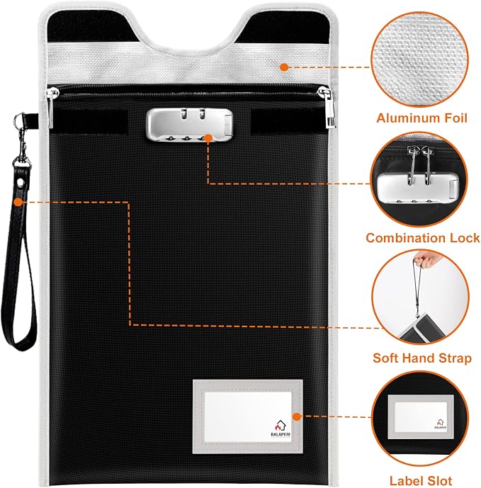 BALAPERI Fireproof Document Bag, 15'x11', A4/A5/Letter/Legal Size, Locking Money Bag with Combination Lock, Water Resistant, Black, Classic Style - Image 4
