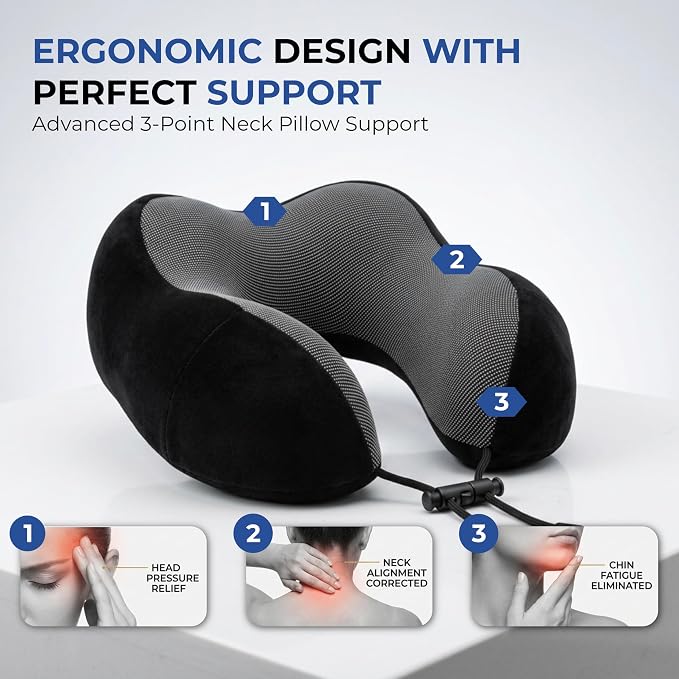 Travel Neck Pillow, Premium Memory Foam, Travel Pillow for Flights, Neck Pillow for Travelling, Ergonomic Neck Support Cushion, Lightweight & Washable Cover (Black - U-Shape) - Image 2