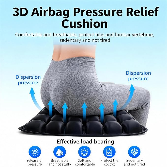 Inflatable Seat Cushion for Airplane Travel, Black | Press-to-Inflate Without Pump, Decompression Cushion, Portable, For Office, Wheelchair, Car Seats, Long Journey - Image 8