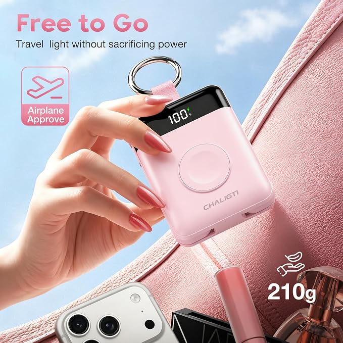 10000mAh Portable Charger,22.5W Power Bank&iWatch Charger,Pink | LED Display,Built-in Cables,Super Fast Charging,Travel Keychain Battery Pack for iPhone 17/16/15/14/13/12,Apple Watch Series - Image 3