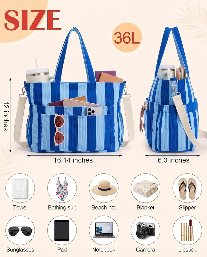 Kacctyen Striped Beach Tote Bag for Women Large Beach Foldable Tote Bag with Zipper Pockets for Travel Pool - Image 3