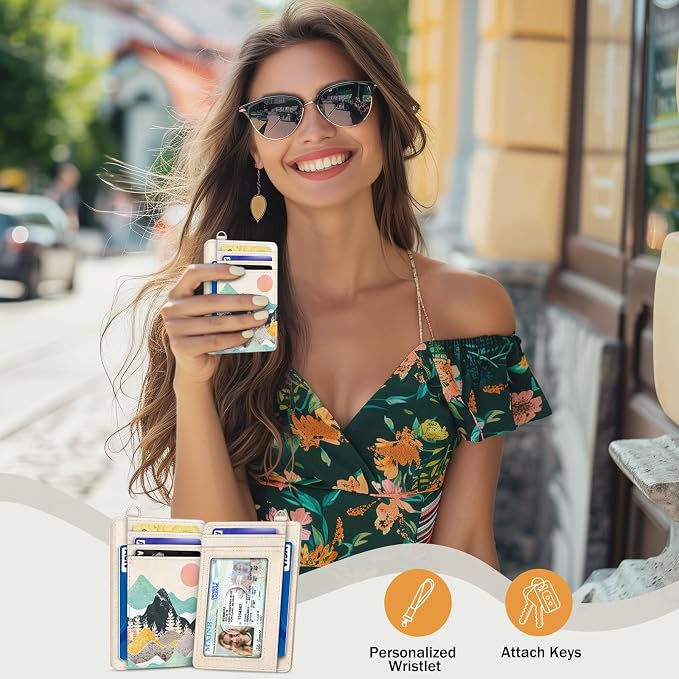 Yonlevres Sunrise Credit Card Holder Slim RFID Wallet Women Small Travel | Front Pocket, Handy, RFID Blocking, Woman Girls Ladies Gifts, D-ring for Keychain,Thin Mini Card Case, ID Window, PU Leather - Image 2