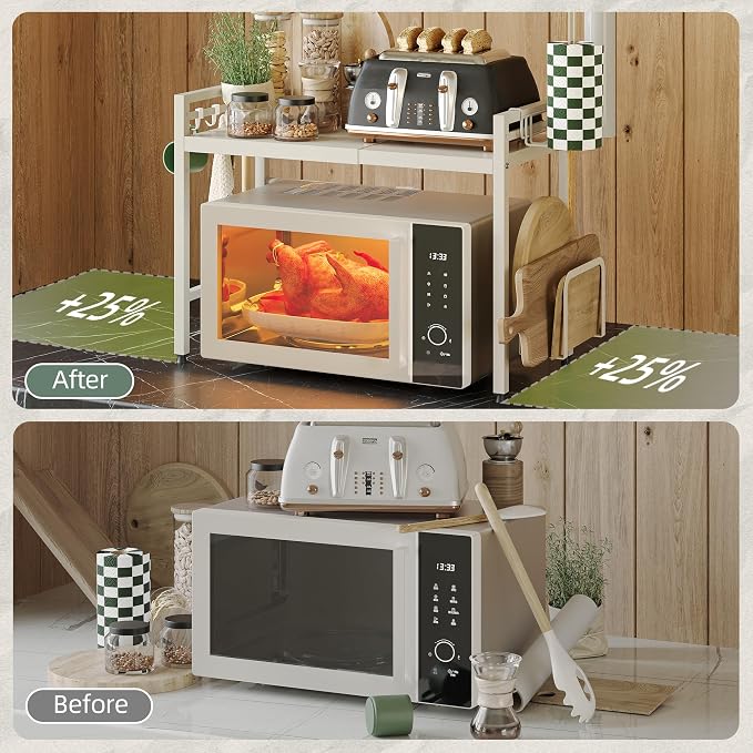 2 Tier Expandable Microwave Stand countertop,Microwave Oven Rack | microwave shelf with Paper Towel and Chopping Board Holder, storage shelf for pans &appliances,8 Hooks,55lbs max load,White - Image 6