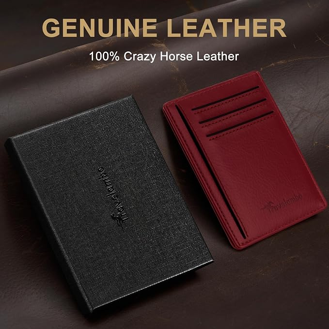 Travelambo 100% Genuine Leather Wallet for Men and Women, Slim Minimalist RFID Blocking Front Pocket Credit Card Holder with Gift Box(Red 963) - Image 2