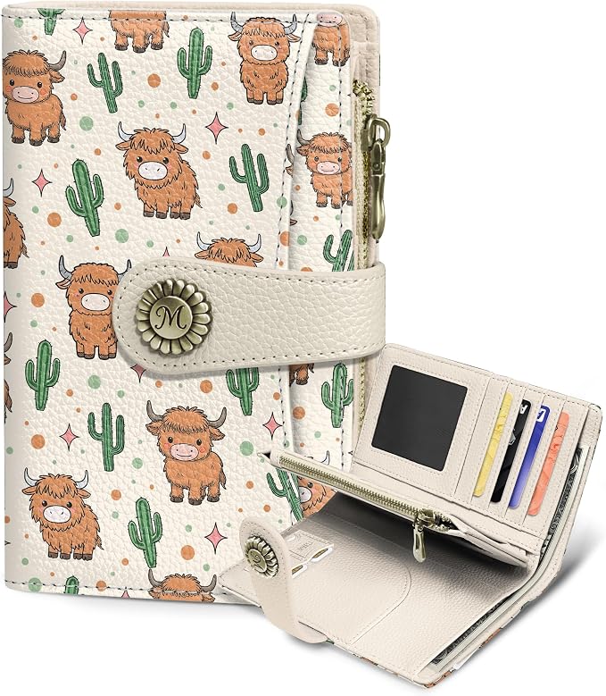 Highland Cow Wallet Women RFID, Passport Holder Credit Card Holder | 6.7" x 4.4" x 1.3" Bifold, Travel billfold, Zipper Pocket, PU Leather, Clutch, Purse, ID Window, Pen Holder, Gift Ladies Girl by Mavellin
