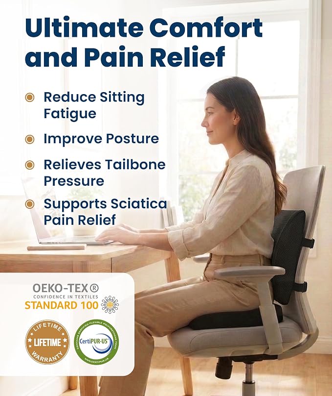 Everlasting Comfort Doctor Recommended Memory Foam Seat Cushion for Office Chairs & Car - Ergonomic Office Desk Accessories - Cushions for Tailbone Pain Relief, Sciatica (Black Airflow Lumbar, Large) - Image 2