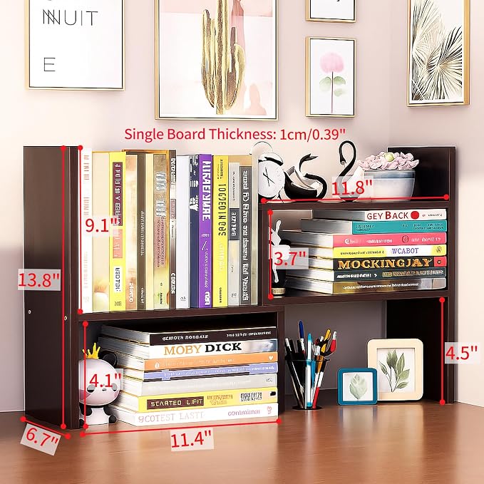 Desktop Shelf Organizer, Adjustable Wood Office Storage Rack, Counter Display Small Bookshelf for Home/Office/School(Dark Walnut) - Image 2