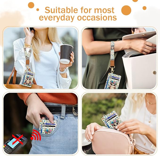 Yonlevres Owl Credit Card Holder Slim RFID Wallet Women Wristlet Lanyard | Front Pocket, Handy, RFID Blocking, Woman Girls Ladies Gifts, D-ring for Keychain,Thin Mini Card Case, ID Window, PU Leather - Image 3
