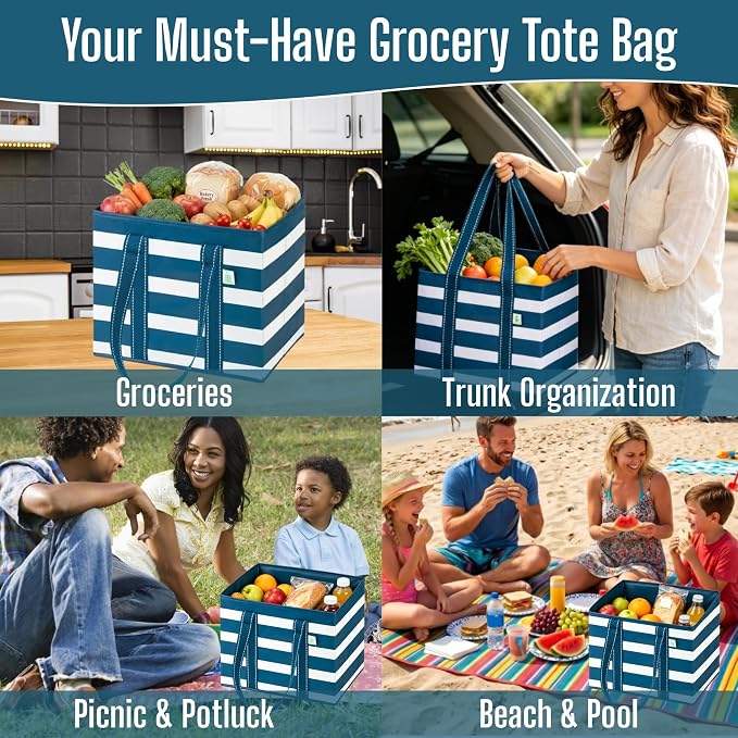 VENO 3 Pack Reusable Grocery Shopping Bags Utility Tote w/Sturdy Handles | Heavy Duty Storage Box with Hard Bottom, Foldable Picnic Basket for Groceries Shopping Cart(Classic Navy Stripe, 6 Gallon) - Image 5